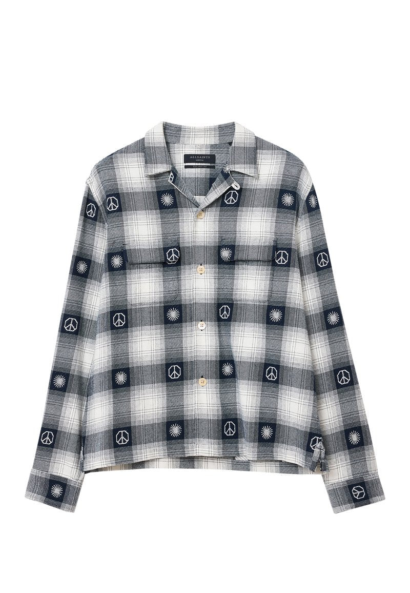 Kariertes Button-up-Hemd in Marineblau und Weiß, mit gesticktem Friedenssymbol und Sonne. Hergestellt aus weichem Stoff, mit lockerer Passform.