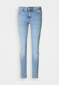Hellblaue Jeans aus Denim mit schmaler Passform, mittelhoher Taille, Fünf-Taschen-Style und dezentem Ausbleichen an den Oberschenkeln. Klassische Stickdetails.