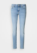 Hellblaue Jeans aus Denim mit schmaler Passform, mittelhoher Taille, Fünf-Taschen-Style und dezentem Ausbleichen an den Oberschenkeln. Klassische Stickdetails.