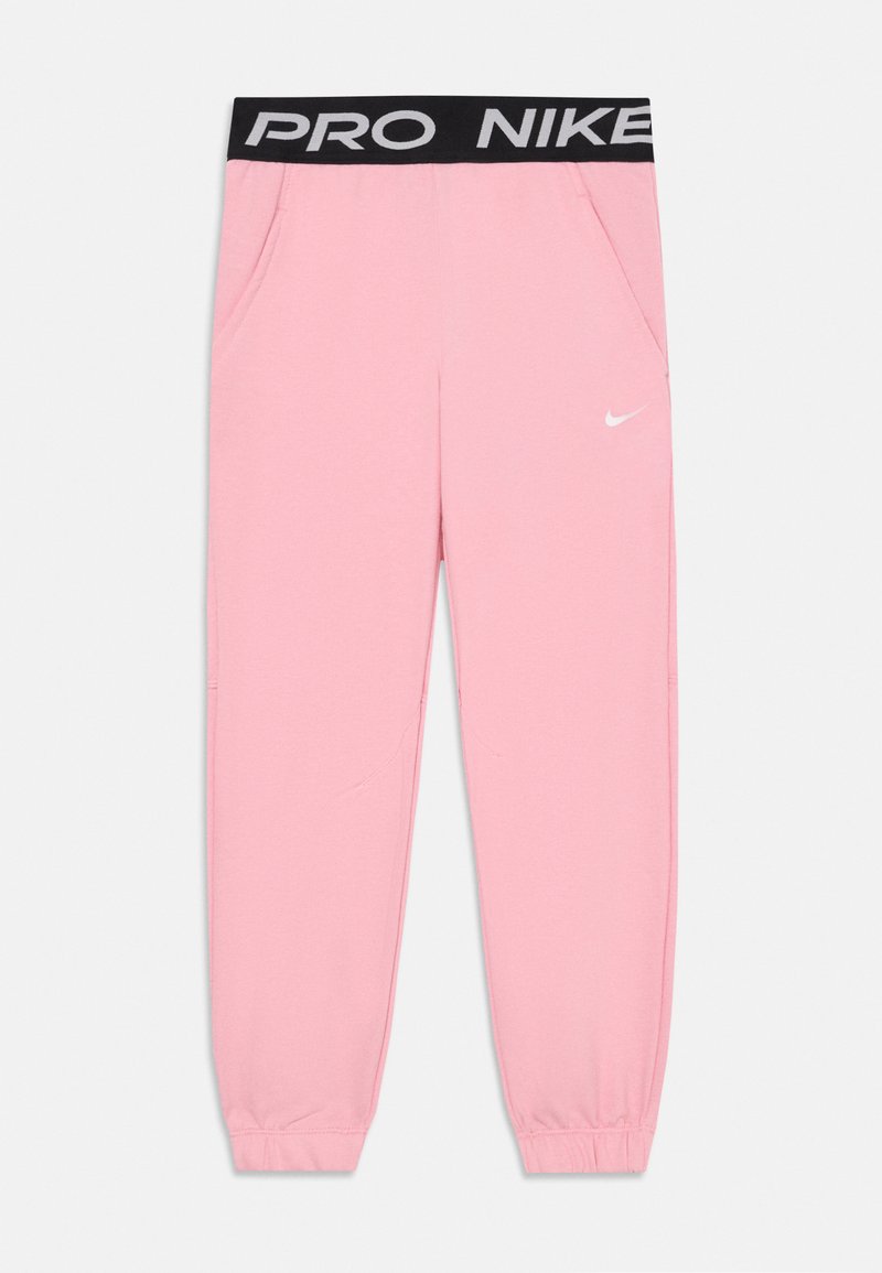 Rosa Nike-Sweatpants mit schwarzem elastischem Bund mit der Aufschrift „PRO NIKE“, Seitentaschen, weißem Nike-Swoosh am rechten Oberschenkel und elastischen Bündchen.