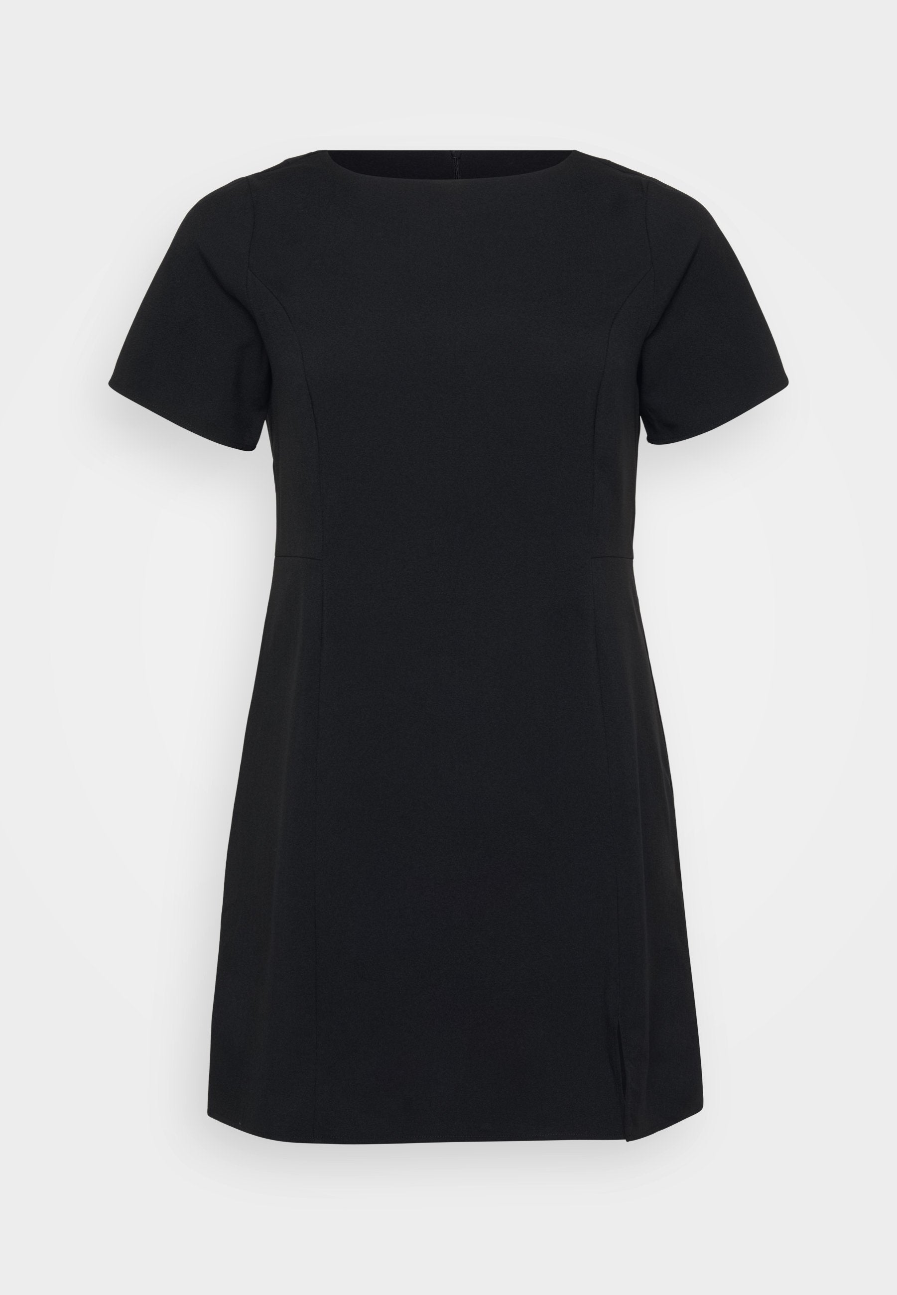 Kurzes schwarzes Kleid mit kurzen Ärmeln, rundem Ausschnitt und seitlichen Schlitzen. Hergestellt aus glattem Stoff mit taillierter Passform und minimalen Nähdetails.