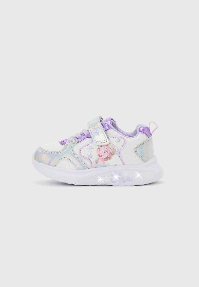 Kinderturnschuh in Weiß und Lila mit Elsa aus Frozen, Glitzerdetails, Sternformen und einer leuchtenden Sohle mit dem Schriftzug "Elsa".