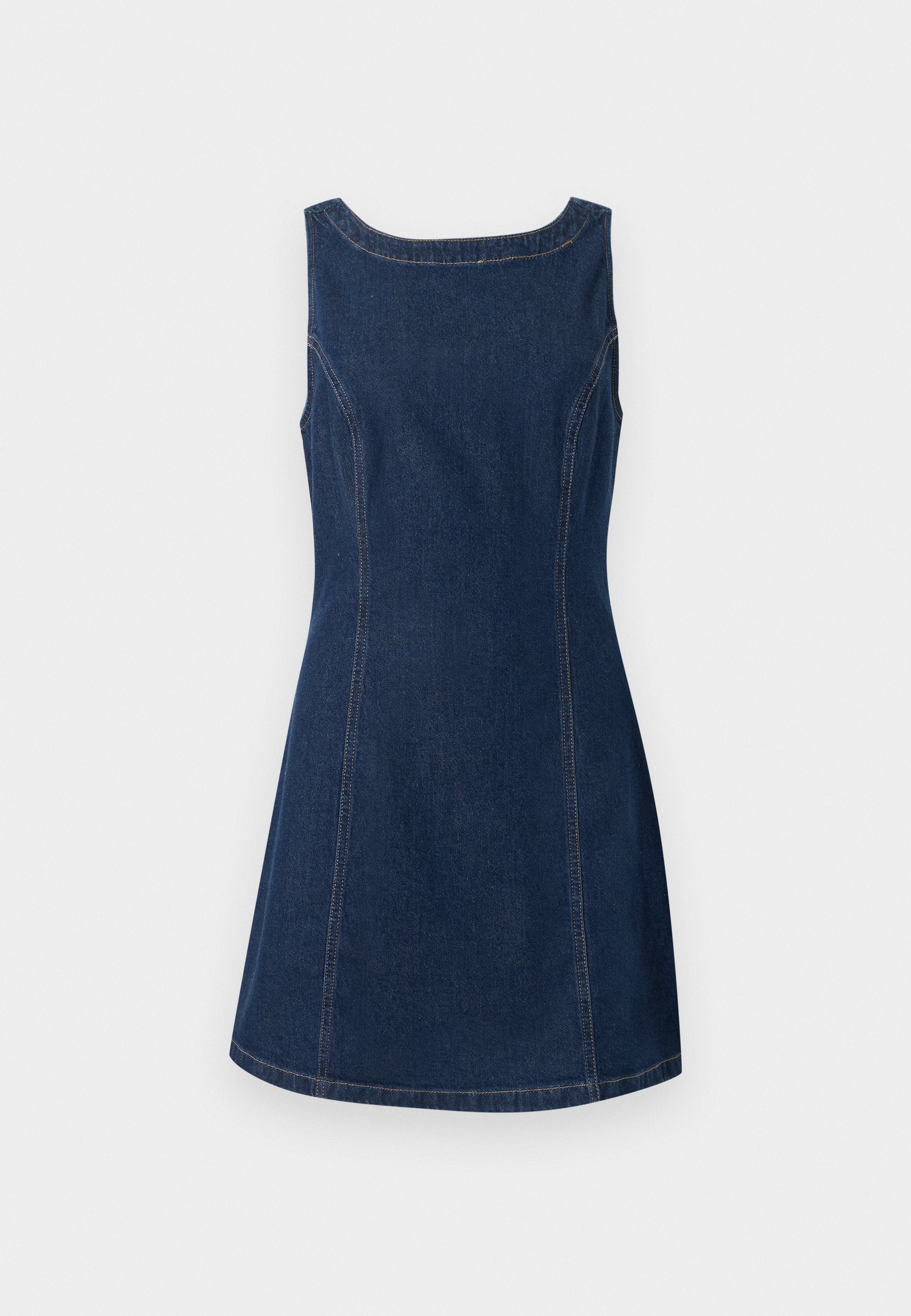 Ärmelloses dunkelblaues Denimkleid mit weitem Ausschnitt und sichtbaren vertikalen Nahtsteppungen vorne und an den Seiten.