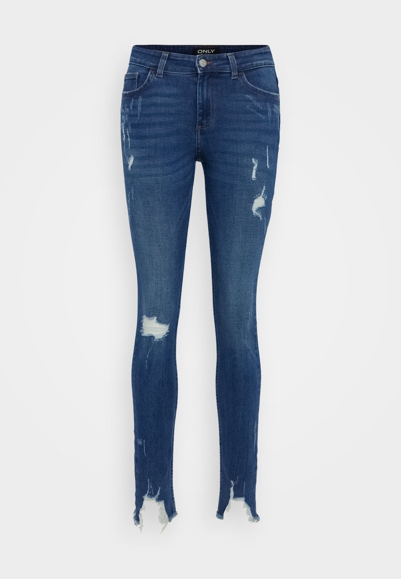 Dunkelblaue Skinny Jeans aus Denim mit beschädigten Details, fransigen Säumen und subtilen Ausbleichungen. Klassisches Fünf-Taschen-Design.