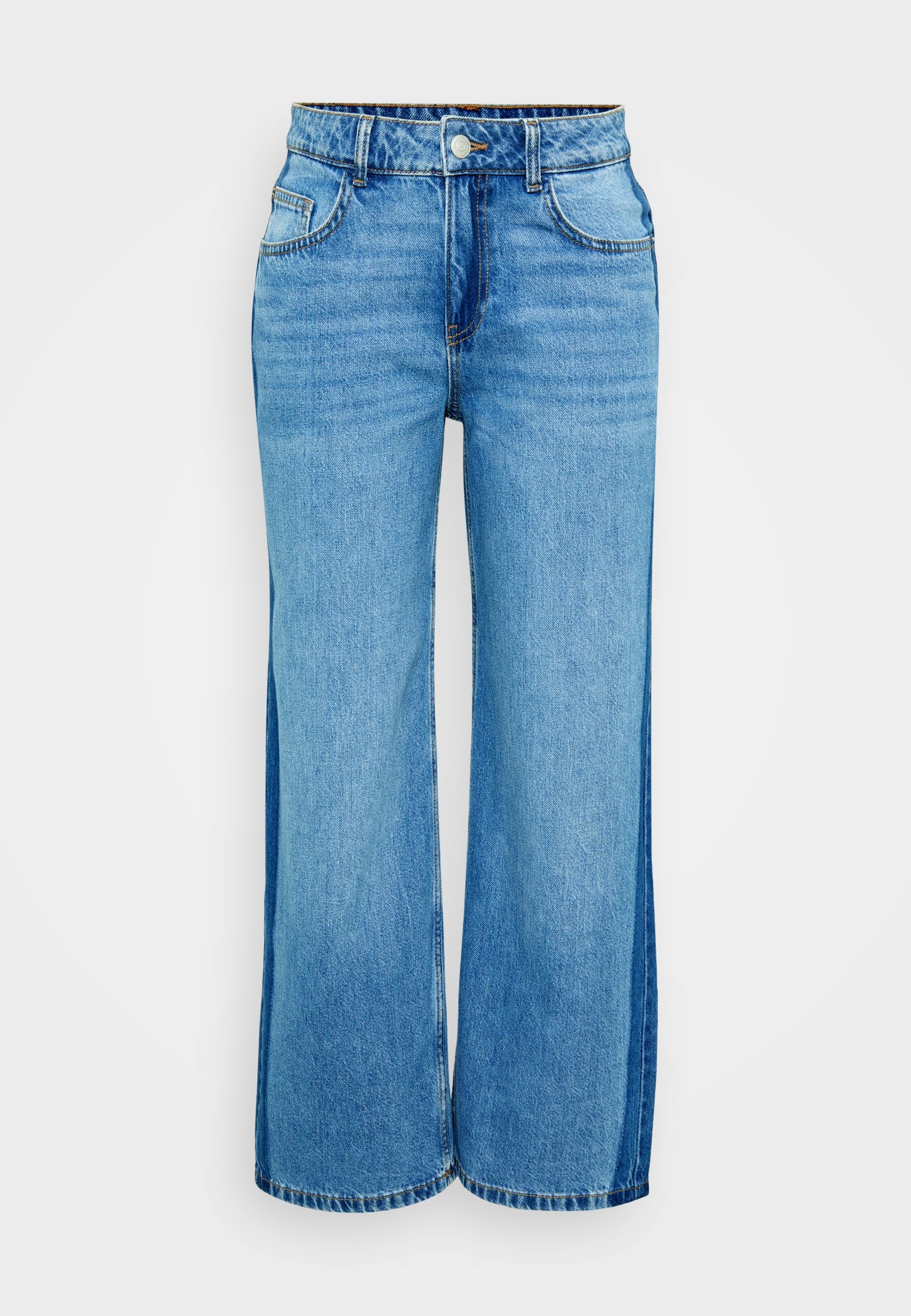 Hellblaue weite Denim-Jeans mit hoher Taille, zwei Vordertaschen, Knopfverschluss und kontrastierenden seitlichen Einsätzen.