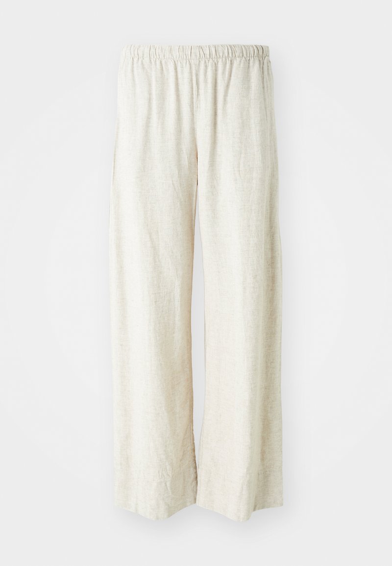 Leinen-Hosen mit weitem Bein in Off-White, ausgestattet mit einem elastischen Bund, der eine atmungsaktive Textur und gerade geschnittene Beine bietet.