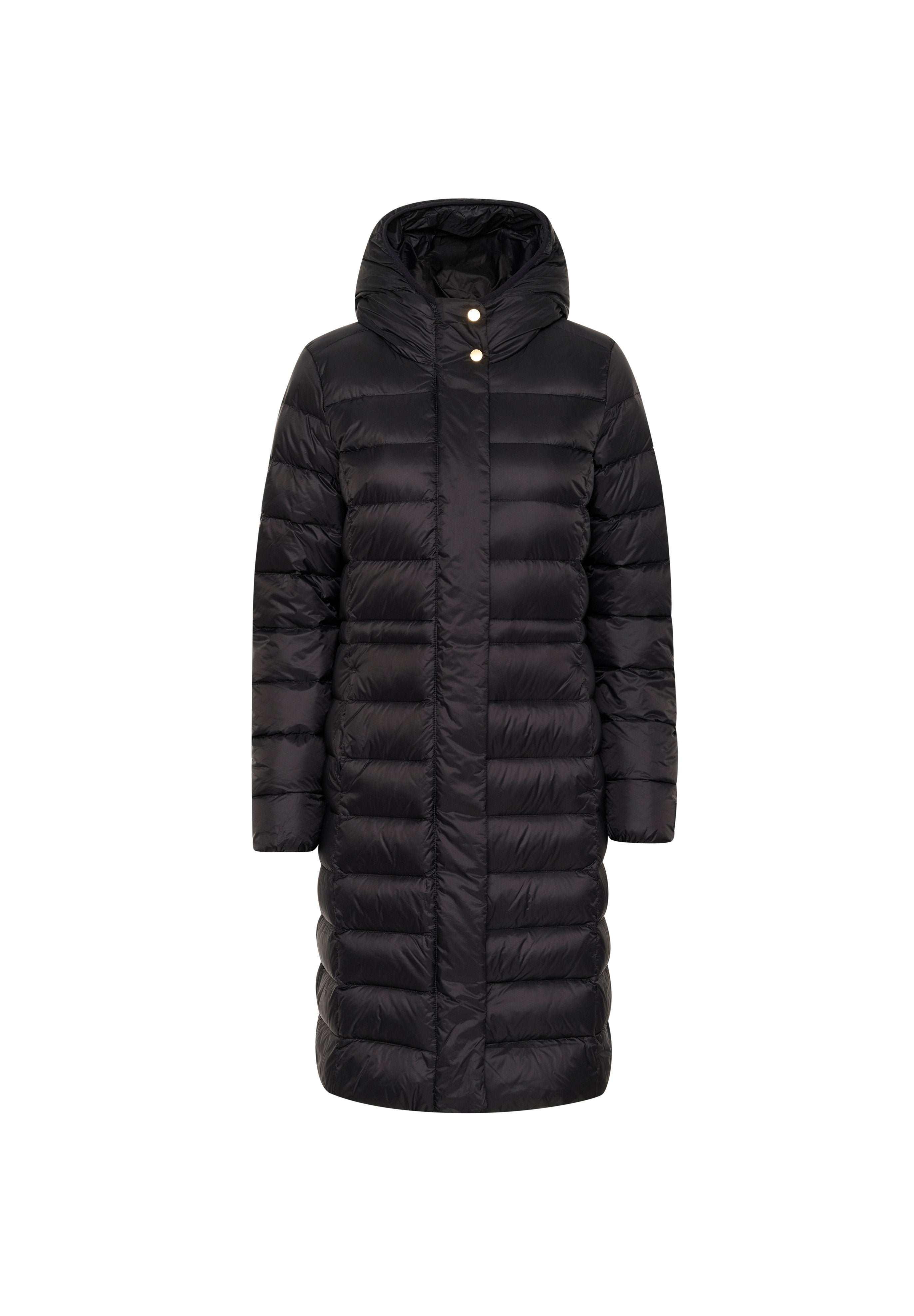 Schwarze Daunenjacke mit Kapuze, gerader Schnitt, gestepptem Material und zwei goldfarbenen Knöpfen am Hals zum Schließen.