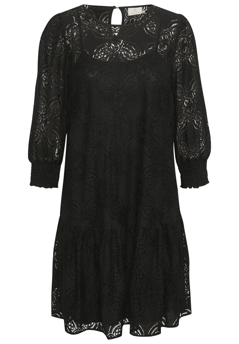 Schwarzes Spitzenkleid mit einem strukturierten Blumenmuster, runder Ausschnitt und dreiviertellangen Puffärmeln mit elastischen Bündchen.