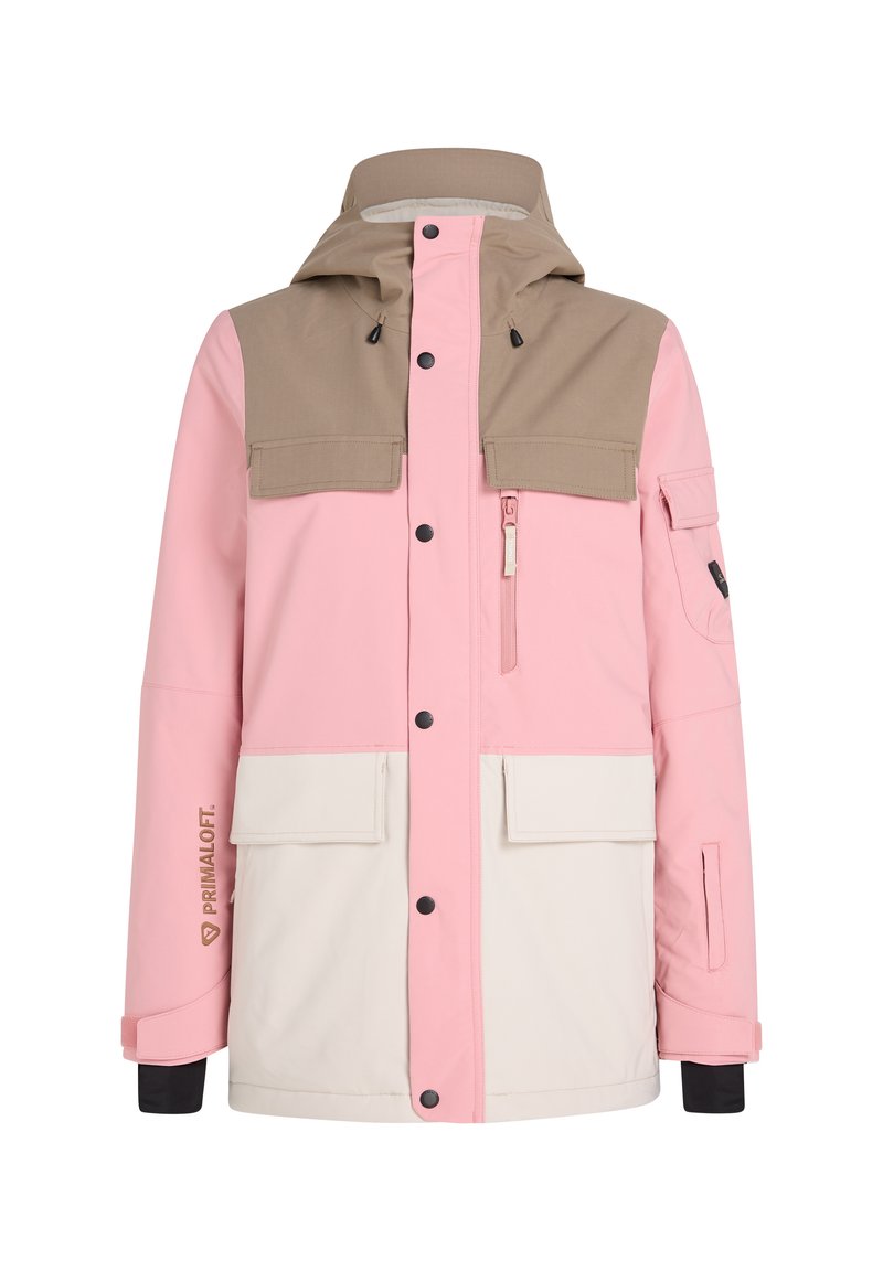 Rosa und beiges Jackett mit Kapuze, ausgestattet mit einem Frontreißverschluss, zwei großen Fronttaschen und elastischen Bündchen. Hergestellt aus wasserabweisendem Material.