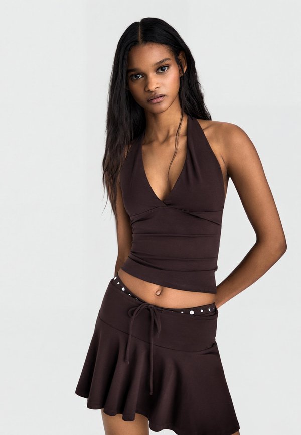 Bershka HALTER TOP - Top - dark brown