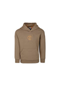 Brauner Kapuzenpullover aus weichem Stoff, mit einer vorderen Kängurutasche, gerippten Bündchen und einem quadratischen Logo mit einem Baumdesign.