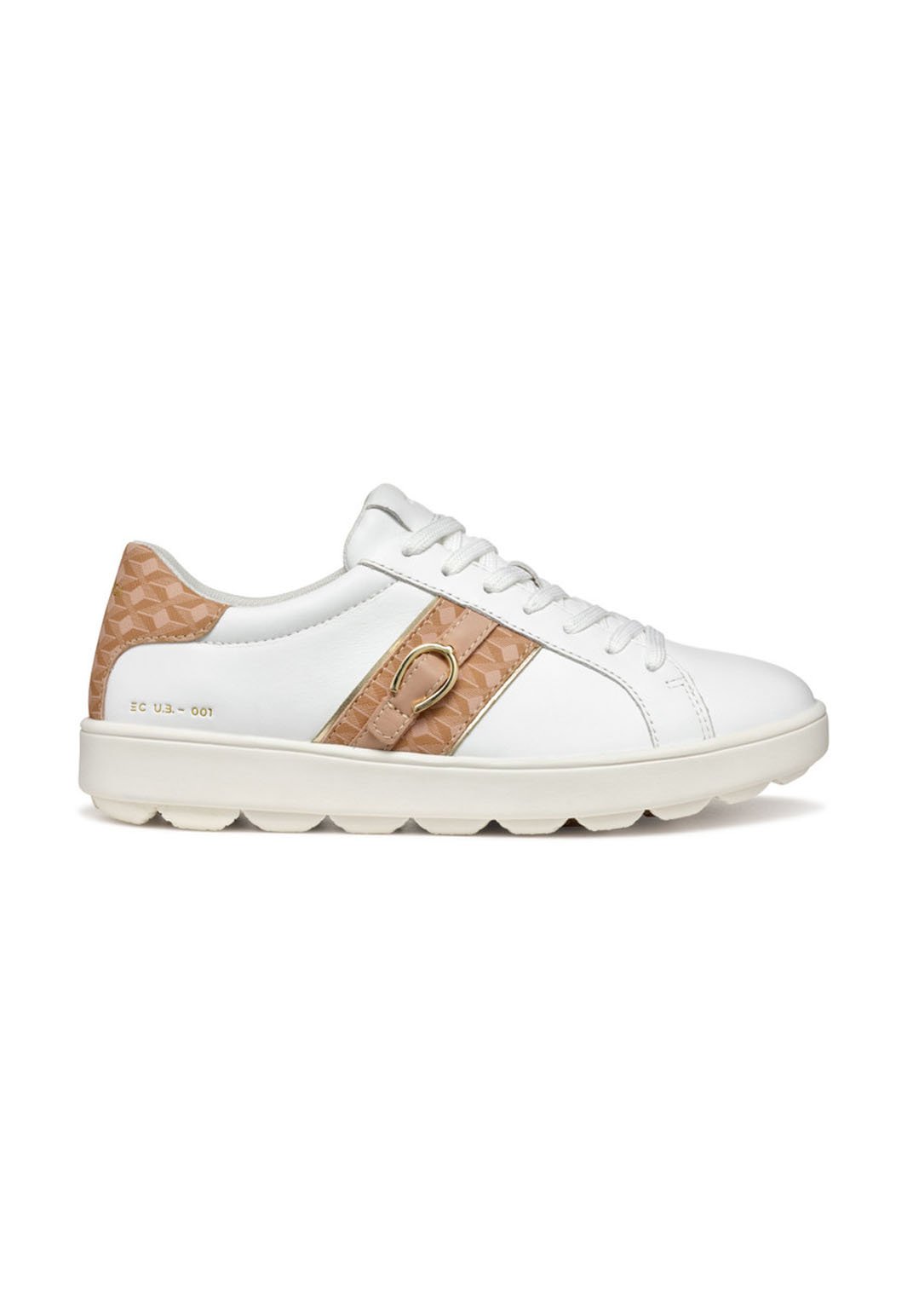 Weiße Sneaker mit einem strukturierten Beigeton-Paneel, akzentuiert mit einem Golddetail. Aus Leder gefertigt, mit einer Gummisohle und Schnürdesign.