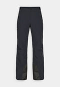 Wasserdichte schwarze Skihose mit Reißverschlusstaschen an den Seiten, Zweiknopfverschluss, verstärkten schwarzen unteren Beinen und glatter Textur.