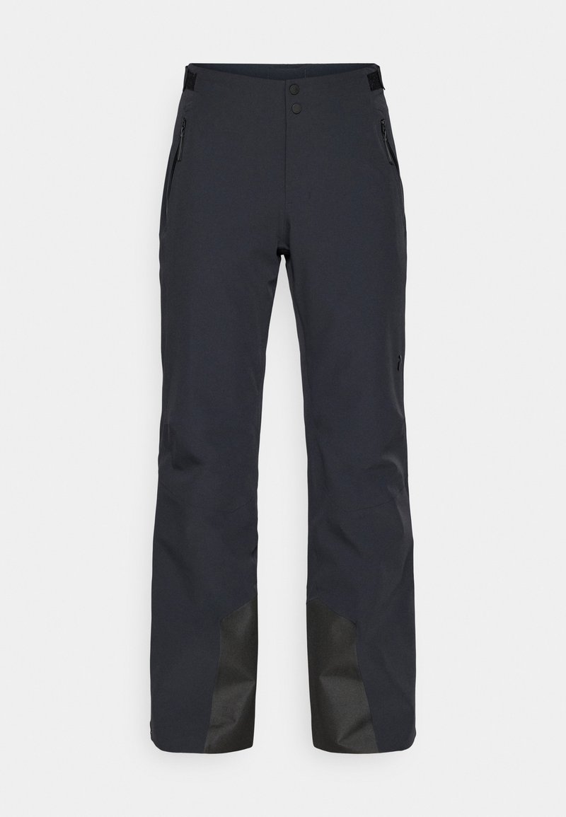 Wasserdichte schwarze Skihose mit Reißverschlusstaschen an den Seiten, Zweiknopfverschluss, verstärkten schwarzen unteren Beinen und glatter Textur.