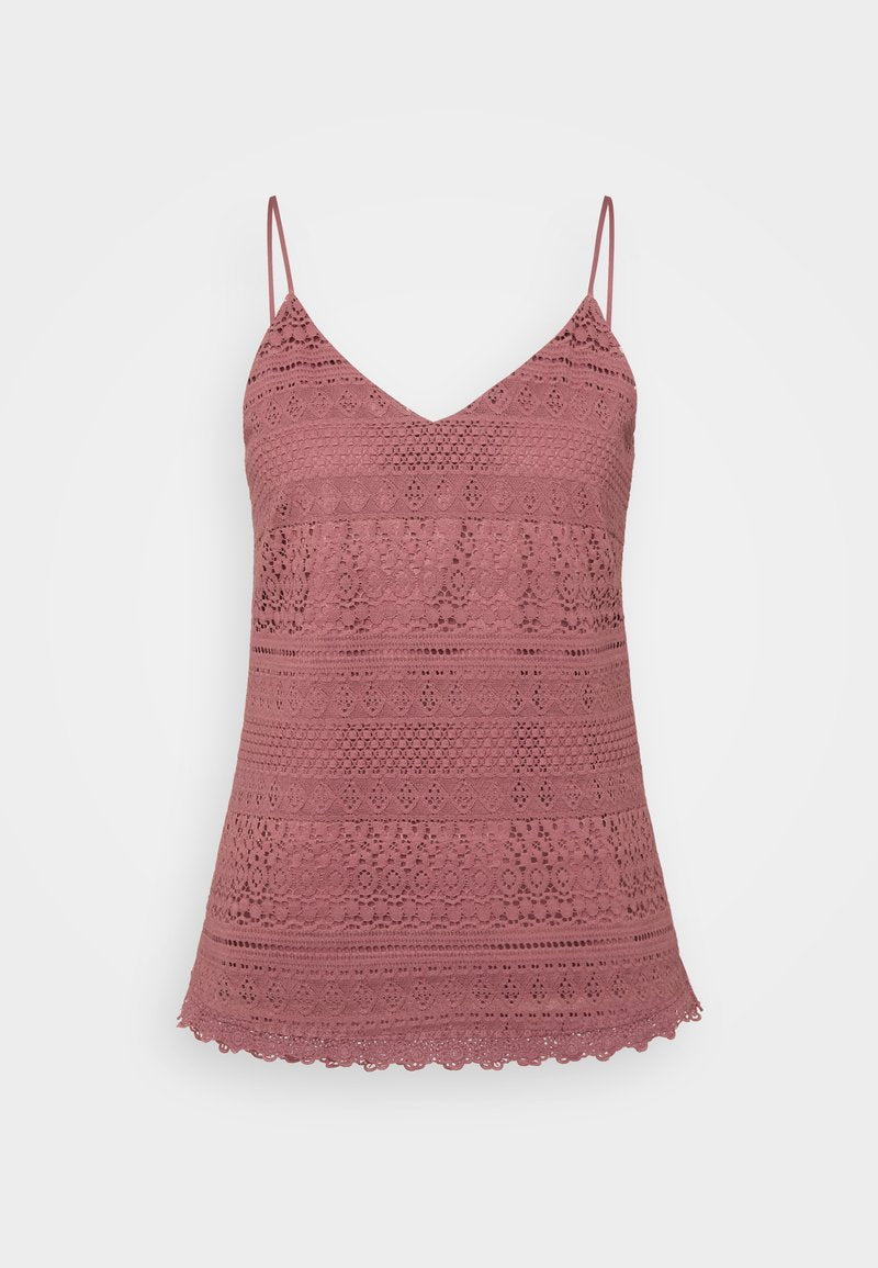 Rosa Spitzen-Camisole mit verstellbaren Spaghettiträgern, V-Ausschnitt und gewelltem Saum. Komplexe Muster im gesamten Stoff.