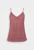 Rosa Spitzen-Camisole mit verstellbaren Spaghettiträgern, V-Ausschnitt und gewelltem Saum. Komplexe Muster im gesamten Stoff.