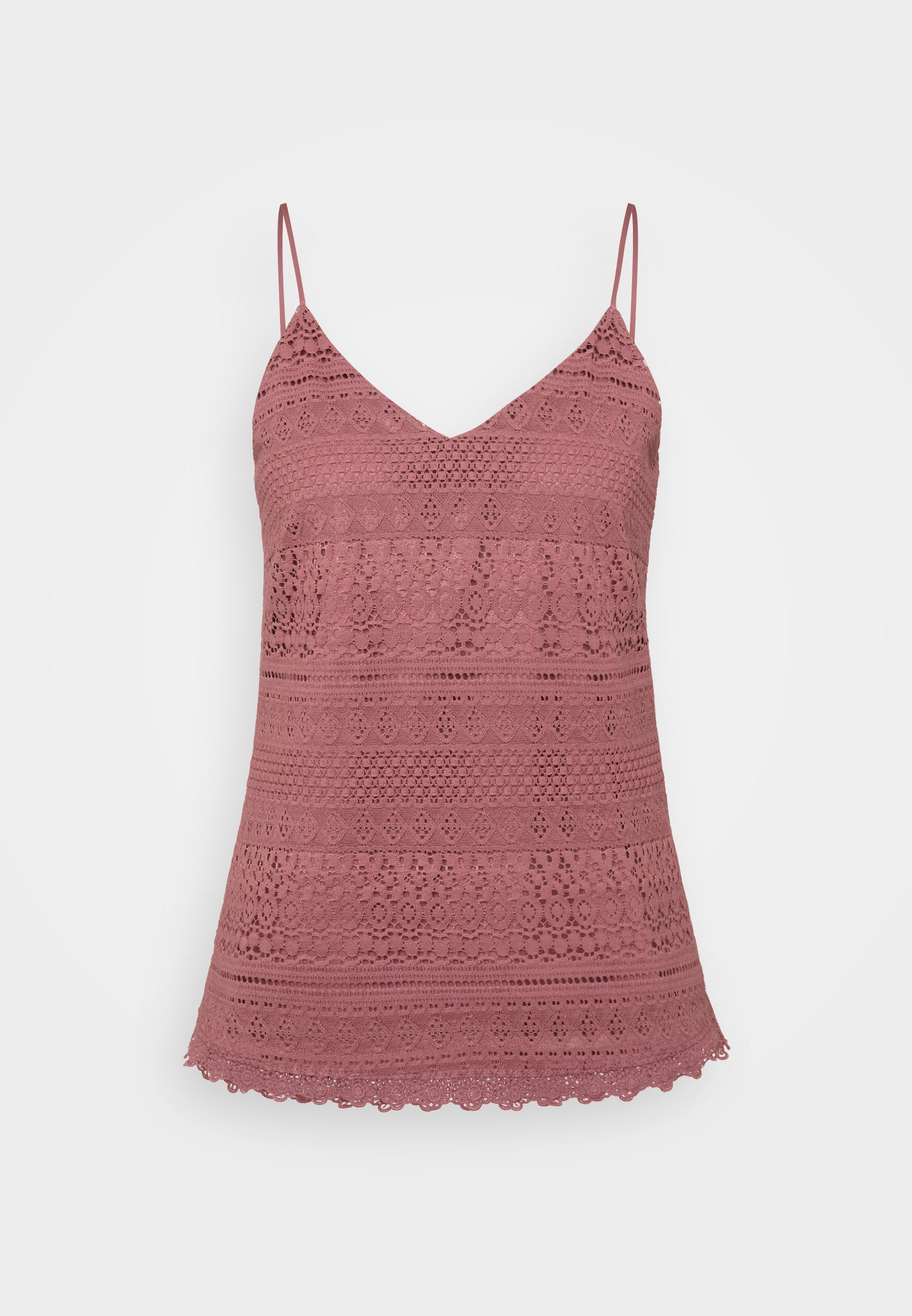 Rosa Spitzen-Camisole mit verstellbaren Spaghettiträgern, V-Ausschnitt und gewelltem Saum. Komplexe Muster im gesamten Stoff.