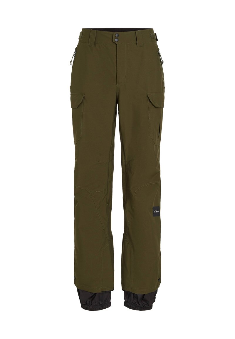 Olivgrüne Cargo-Hosen aus wasserabweisendem Material, mit Reißverschlusstaschen und elastischen Bündchen. Mit zwei Cargotaschen an den Seiten.