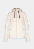 Leichter beiger Damen-Kapuzenpullover mit Reißverschluss und dezentem floralen Muster an Ärmeln und Oberkörper, mit breiten grauen Kordeln.