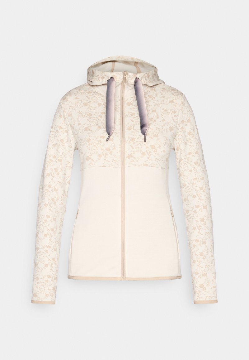 Leichter beiger Damen-Kapuzenpullover mit Reißverschluss und dezentem floralen Muster an Ärmeln und Oberkörper, mit breiten grauen Kordeln.
