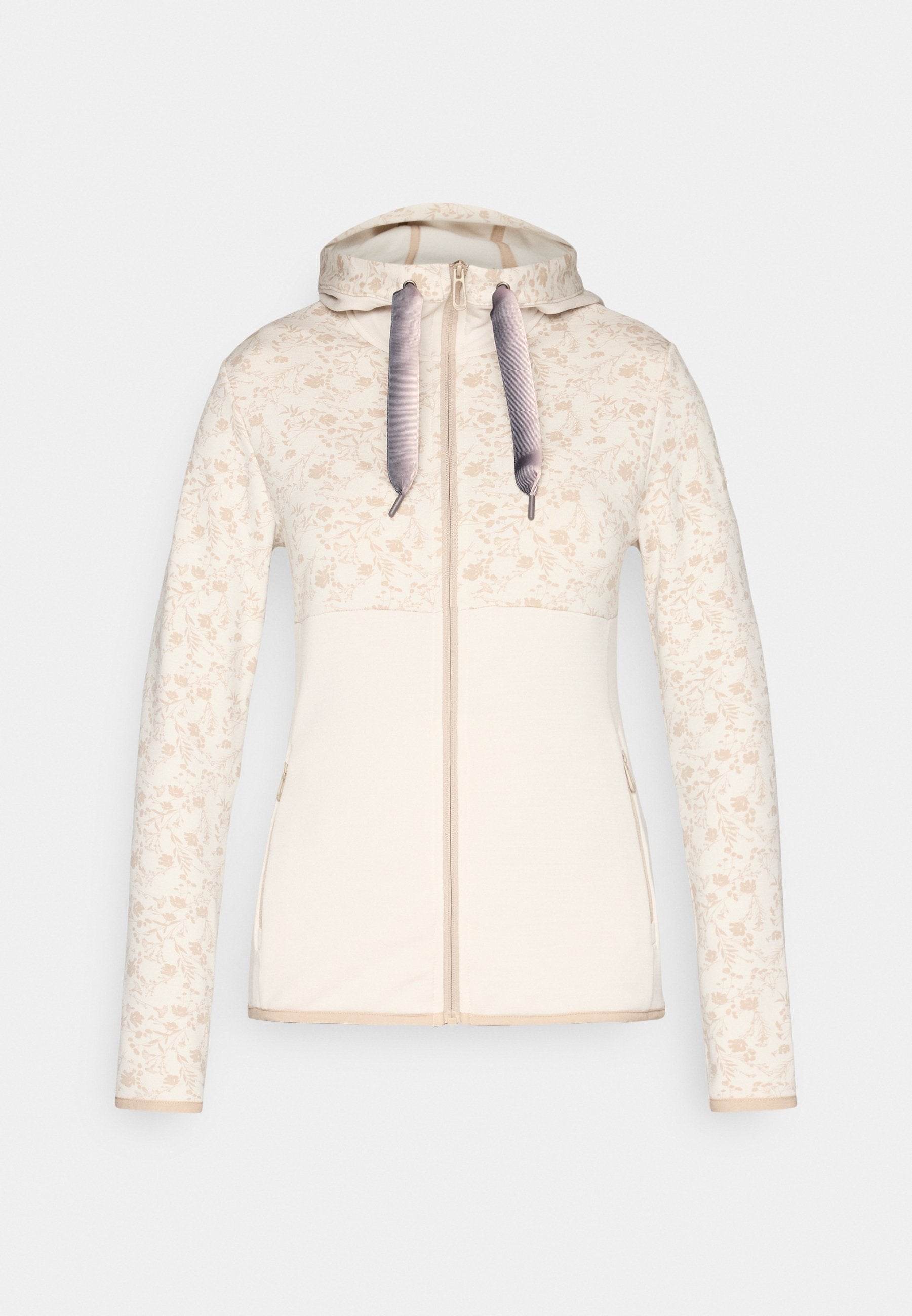 Leichter beiger Damen-Kapuzenpullover mit Reißverschluss und dezentem floralen Muster an Ärmeln und Oberkörper, mit breiten grauen Kordeln.