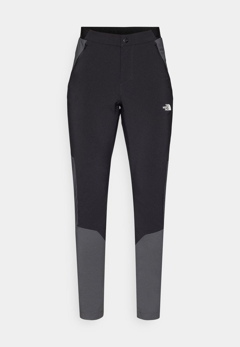 Schwarze Outdoor-Hosen mit grauen Akzenten, ausgestattet mit einem engen Schnitt, elastischem Bund, Reißverschlusstaschen und strapazierfähigem, leichtem Material.