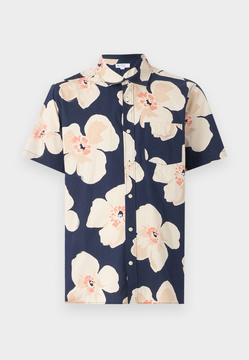 Herren-Kurzarmhemd mit Knopfleiste mit marineblauem Hintergrund und großem beigen und pfirsichfarbenen Blumenmuster, mit Brusttasche auf der linken Seite.