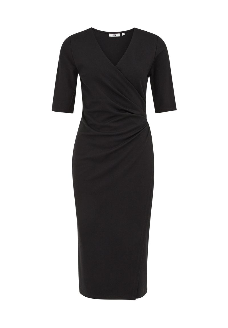 Schwarzes Jersey-Kleid mit Wickeldesign, V-Ausschnitt und kurzen Ärmeln. Mit gerafftem Seitendetail und knie-langer Hemm. Glatte Textur.