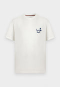 Weißes kurzärmeliges T-Shirt mit Rundhalsausschnitt, kleinem dunkelblauem Palmenmotiv und "Paul Smith"-Logo auf der linken Brust.