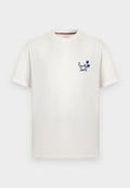 Weißes kurzärmeliges T-Shirt mit Rundhalsausschnitt, kleinem dunkelblauem Palmenmotiv und "Paul Smith"-Logo auf der linken Brust.