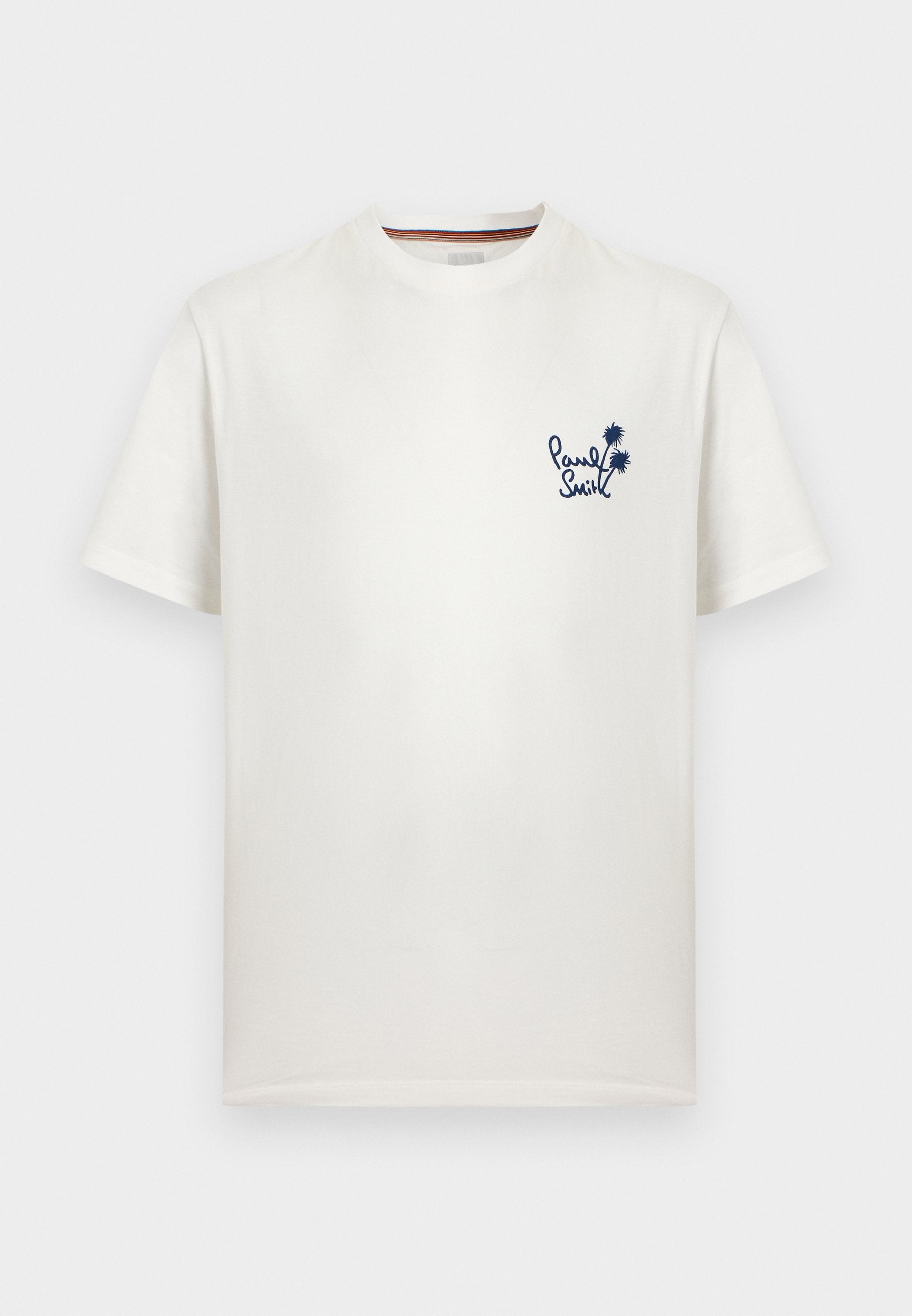 Weißes kurzärmeliges T-Shirt mit Rundhalsausschnitt, kleinem dunkelblauem Palmenmotiv und "Paul Smith"-Logo auf der linken Brust.