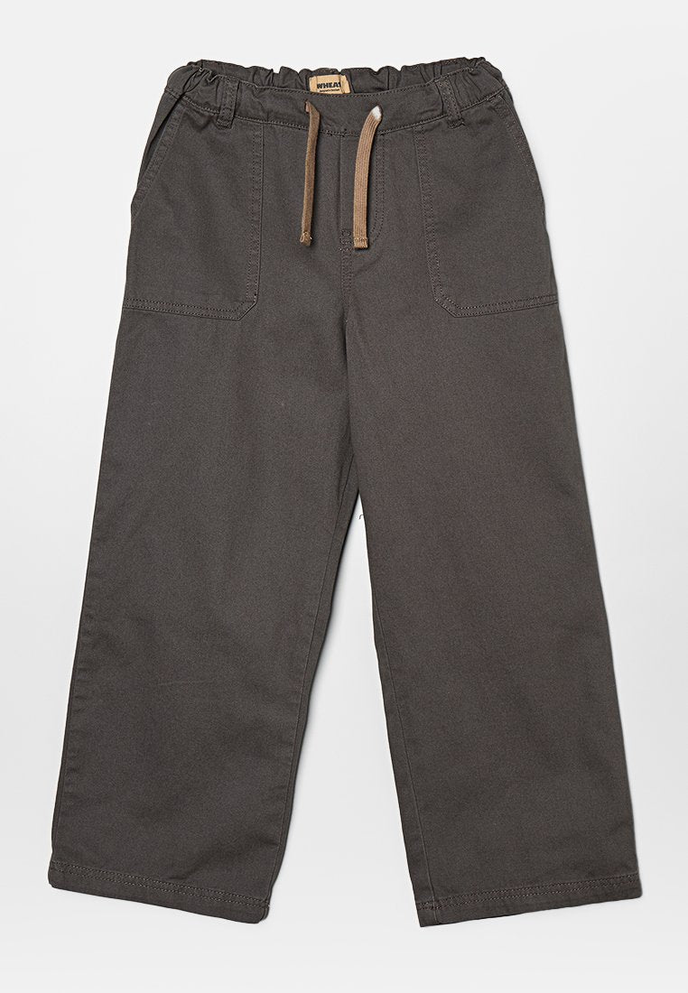 Dunkelgraue, leichte Hose mit einem elastischen Bund, Kordelzug-Verschluss und zwei Fronttaschen; gerade Beinform mit Nähdetails.