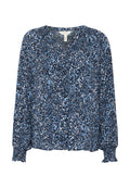 Langarmbluse in einem Tierdruckmuster in Blau und Marineblau, mit V-Ausschnitt, gerafften Schultern und elastischen Bündchen. Leichter Stoff.