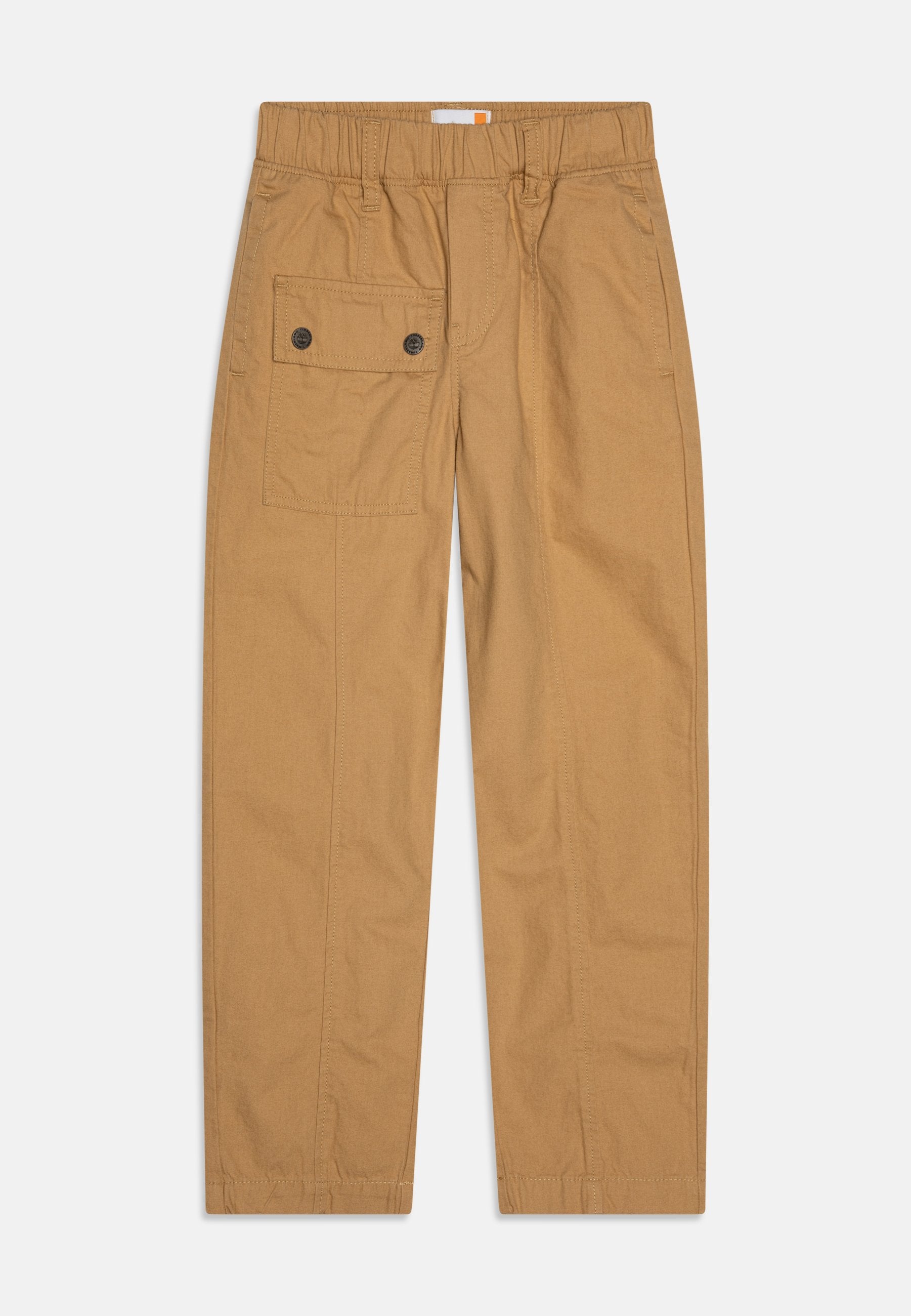 Helle Baumwollhose mit einem elastischen Bund, geradem Bein, seitlichen Taschen und einer großen Cargo-Tasche mit zwei Knöpfen am Oberschenkel.