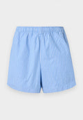Himmelblaue Shorts mit weißen vertikalen Streifen, elastischem Bund, mittellanger Saumlänge und einer glatten Baumwollstruktur.