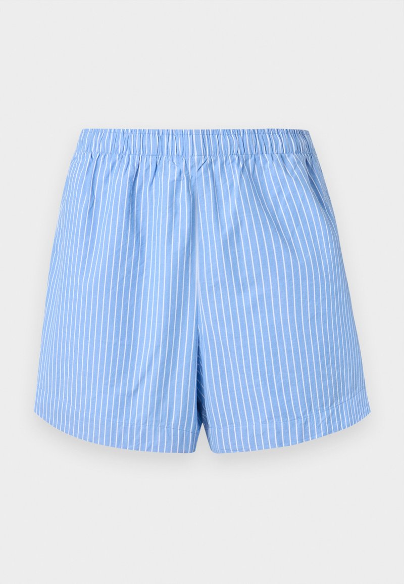 Himmelblaue Shorts mit weißen vertikalen Streifen, elastischem Bund, mittellanger Saumlänge und einer glatten Baumwollstruktur.