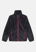 Fleecejacke in Dunkelgrau mit hohem Kragen, durchgehendem Reißverschluss und pinken Akzenten am Reißverschluss und Logo. Verfügt über zwei Seitentaschen.