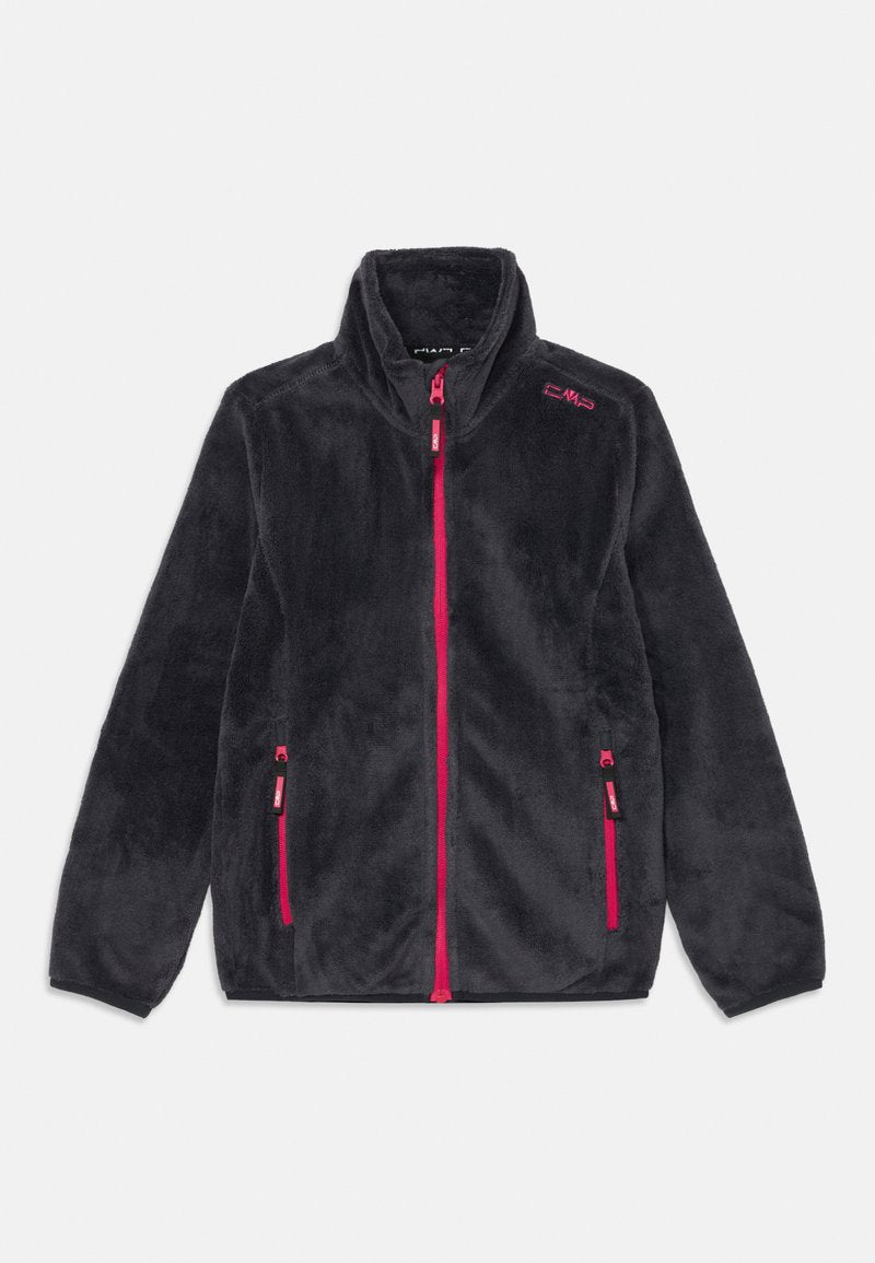 Fleecejacke in Dunkelgrau mit hohem Kragen, durchgehendem Reißverschluss und pinken Akzenten am Reißverschluss und Logo. Verfügt über zwei Seitentaschen.