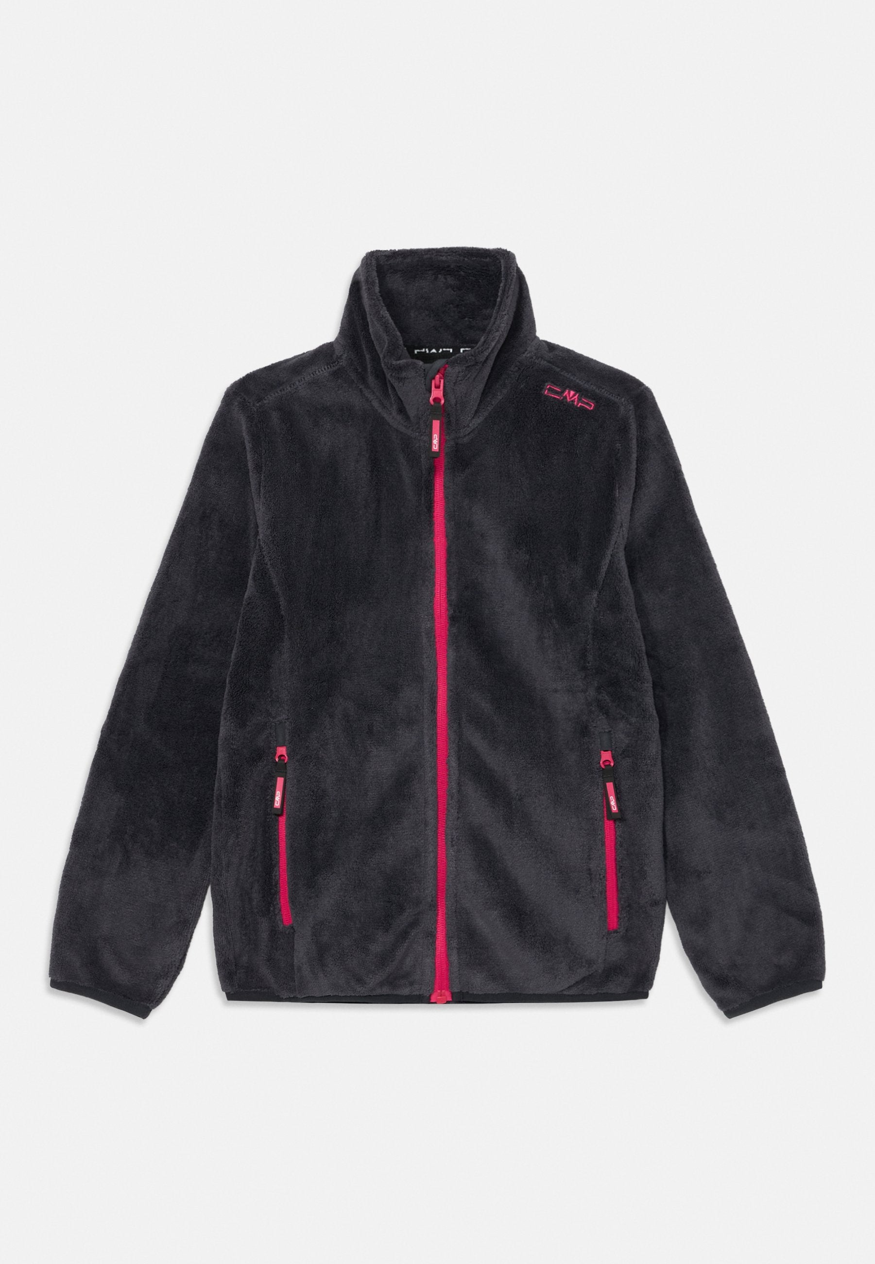 Fleecejacke in Dunkelgrau mit hohem Kragen, durchgehendem Reißverschluss und pinken Akzenten am Reißverschluss und Logo. Verfügt über zwei Seitentaschen.