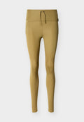 Beige Leggings mit hoher Taille, vorn mit Kordelzug und schmaler Passform, vor einem schlichten hellen Hintergrund präsentiert.
