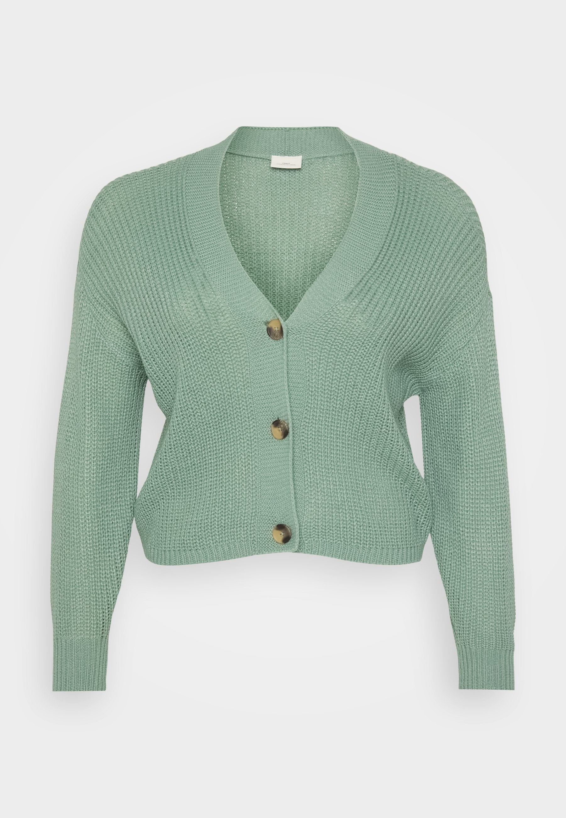 Mintgrüner gestrickter Cardigan mit V-Ausschnitt, langen Ärmeln und drei braunen Knöpfen vorne. Strukturiertes Material, taillierter Schnitt.