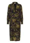 Langes, dunkles Kleid mit floralem Muster in Grün und Gelb. Es hat einen Kragen und lange Ärmel mit gerafften Manschetten. Texturiertes Material.