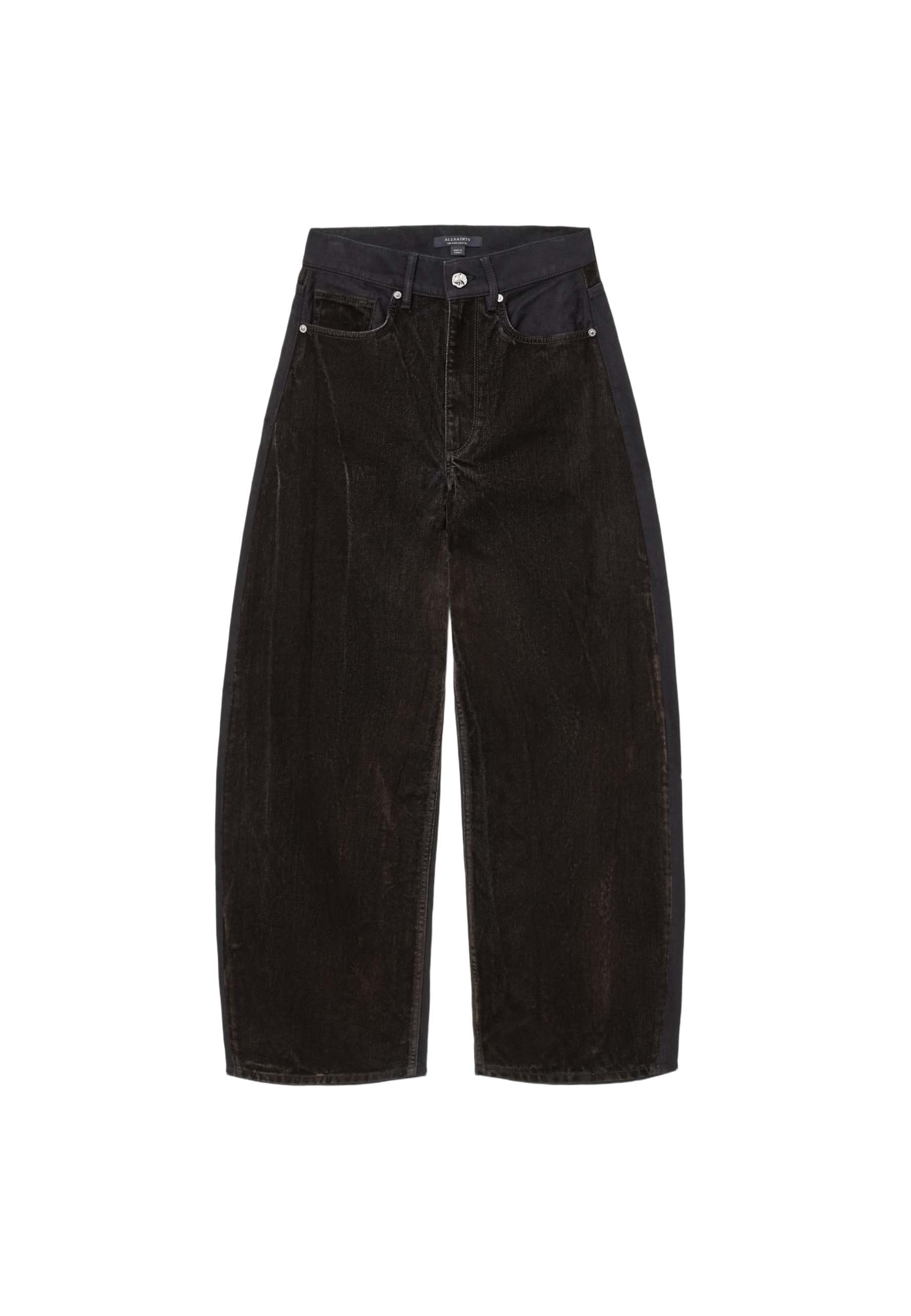Schwarze Cordhosen mit weitem Bein und hoher Taille, mit Fronttaschen, Knopfverschluss und strukturiertem Stofffinish.