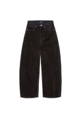 Schwarze Cordhosen mit weitem Bein und hoher Taille, mit Fronttaschen, Knopfverschluss und strukturiertem Stofffinish.