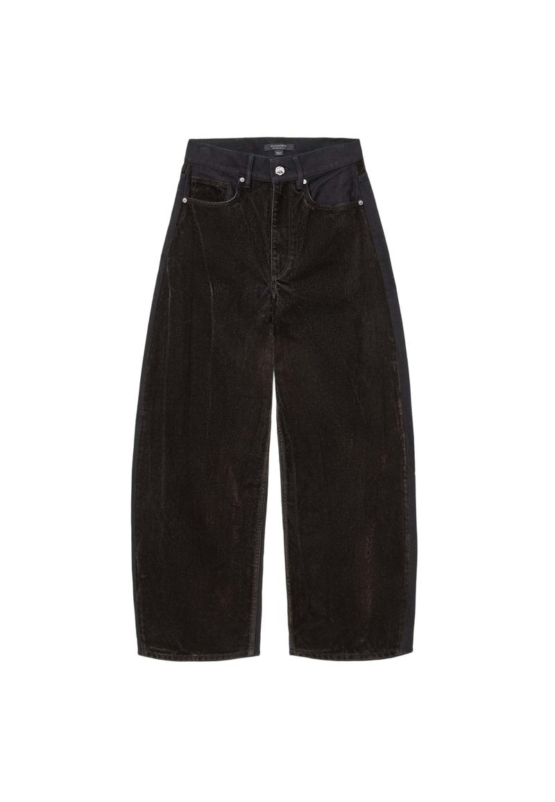 Schwarze Cordhosen mit weitem Bein und hoher Taille, mit Fronttaschen, Knopfverschluss und strukturiertem Stofffinish.