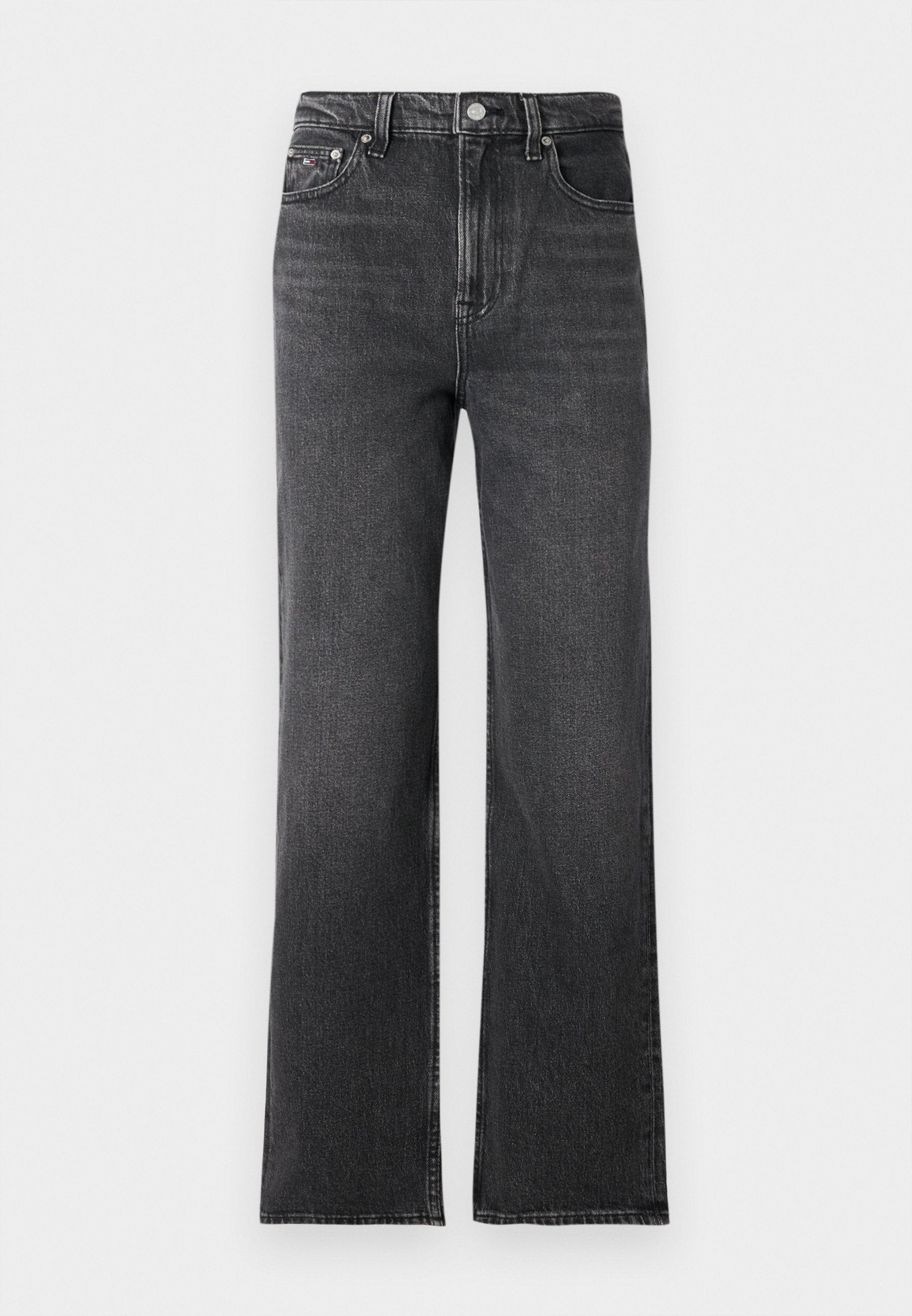 Schwarze weit geschnittene Jeans aus Denim mit einem ausgebleichten Textur. Verfügt über einen Knopfverschluss und Vordertaschen. Sauberer Saum mit minimaler Detailgestaltung.