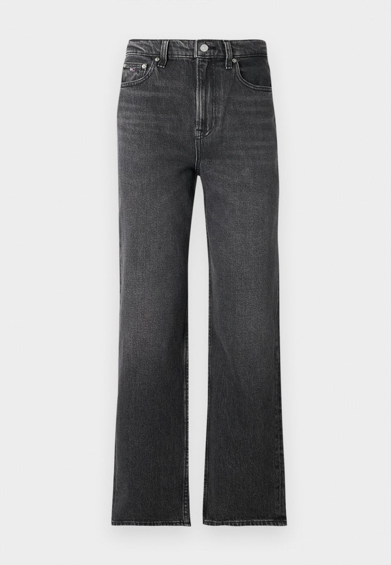 Schwarze weit geschnittene Jeans aus Denim mit einem ausgebleichten Textur. Verfügt über einen Knopfverschluss und Vordertaschen. Sauberer Saum mit minimaler Detailgestaltung.