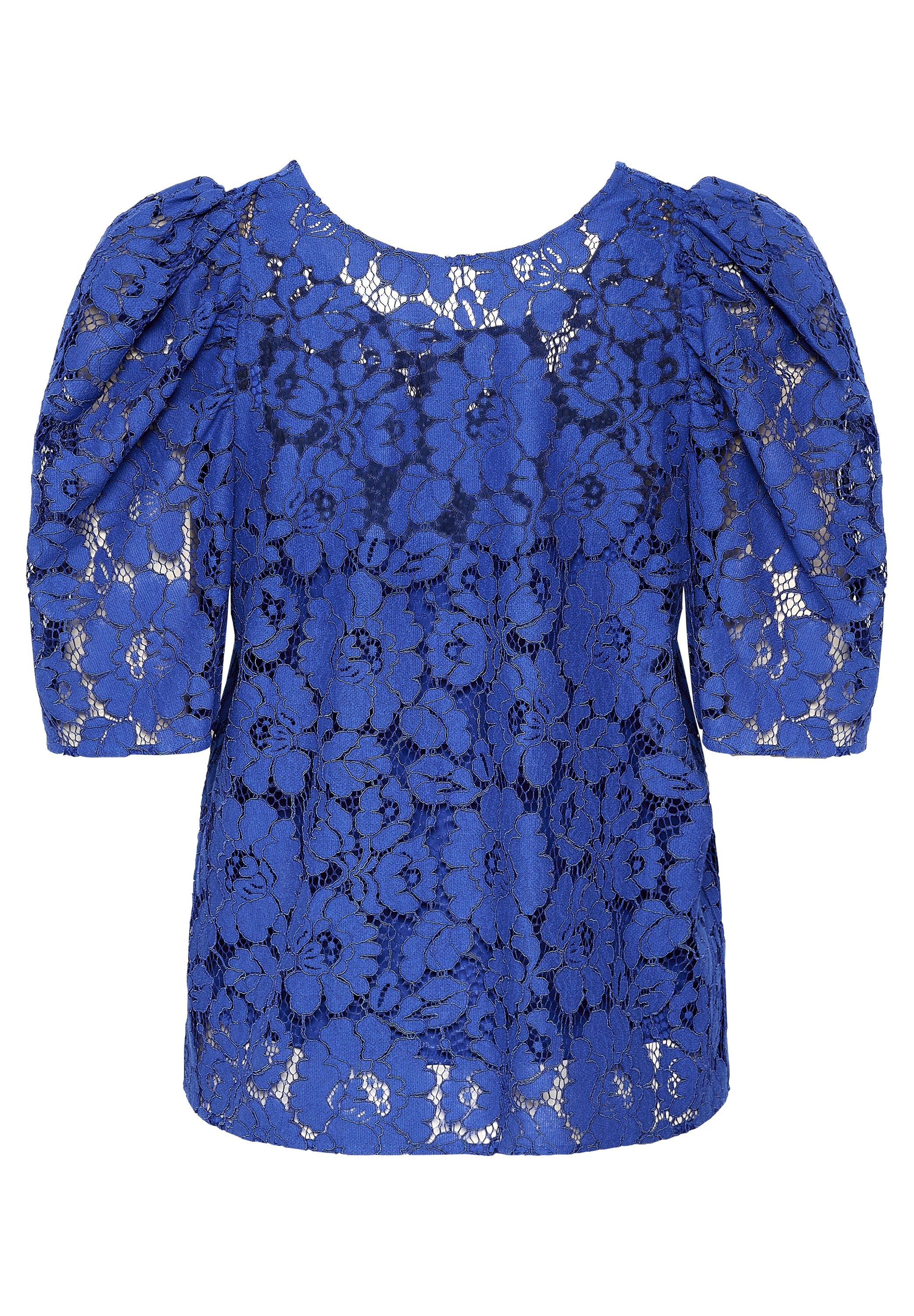 Blaues Spitzenoberteil mit kurzen Puffärmeln und rundem Ausschnitt. Verfügt über florale Muster und eine durchsichtige Textur.