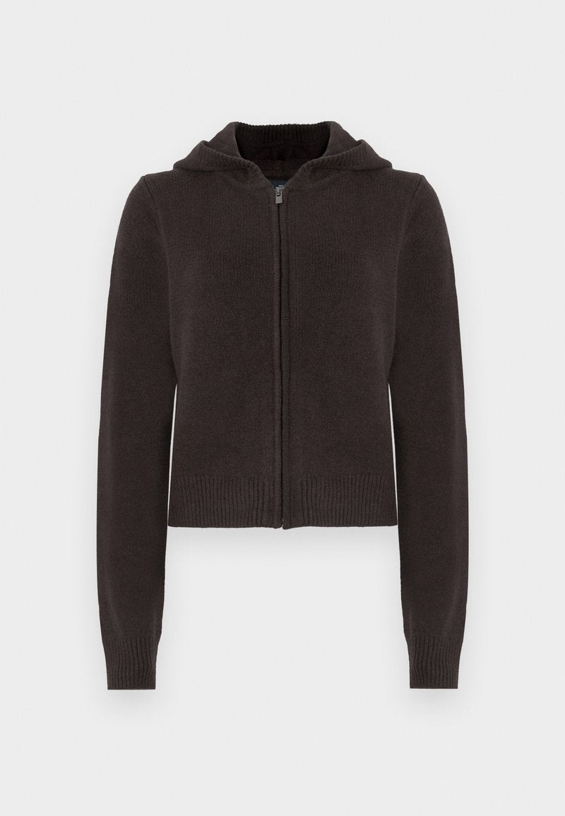 Dunkelgrauer Kapuzenpullover mit Reißverschluss, mit geripptem Saum und Bündchen. Verfügt über eine weiche Textur und eine Kapuze mit Kordelzug für eine verstellbare Passform.