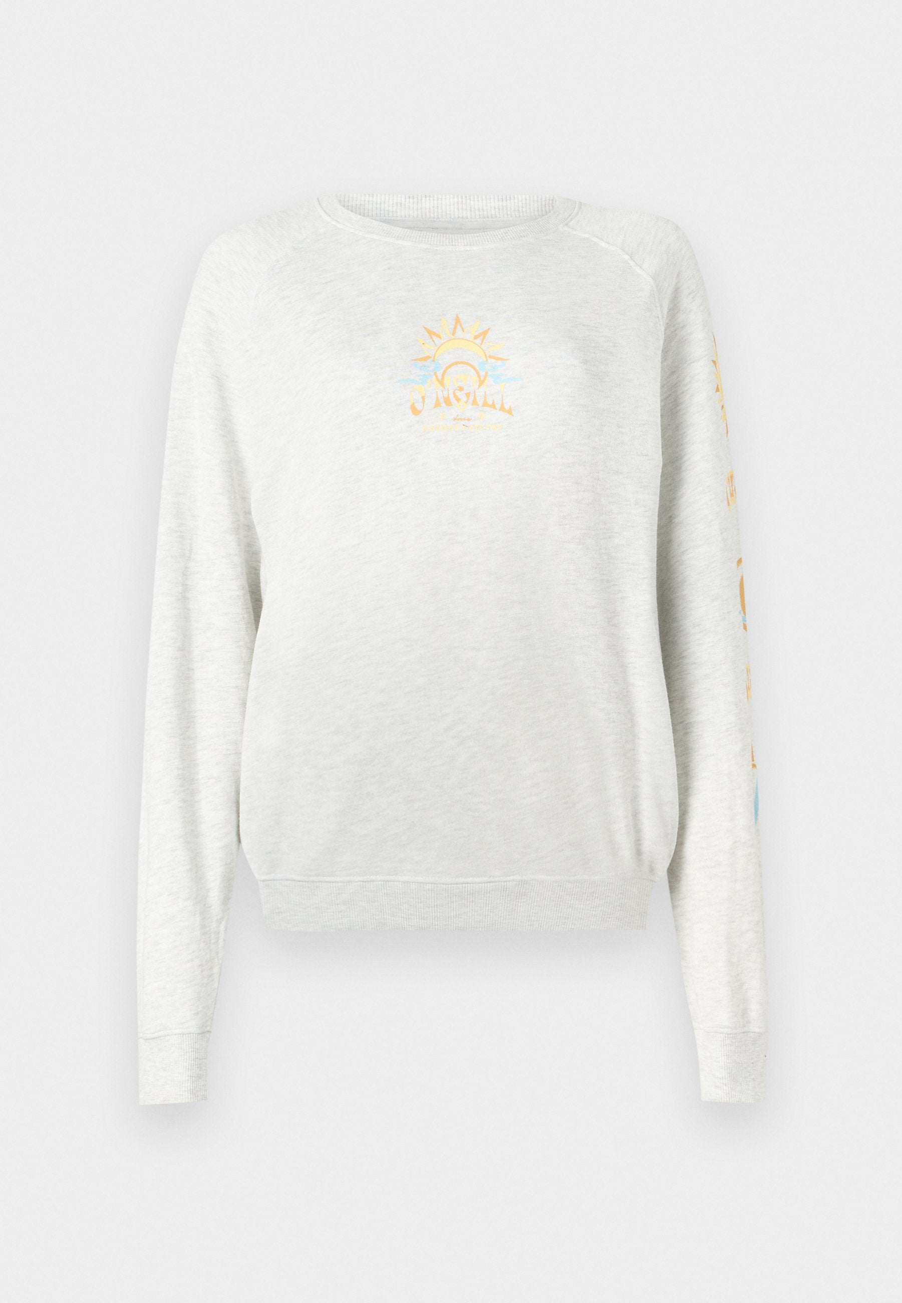 Hellgraues Sweatshirt mit gerippten Bündchen und Saum. Auf der Vorderseite befindet sich eine Sonnengrafik in Gelb und Blau sowie bunte Schriftzüge auf dem Ärmel.